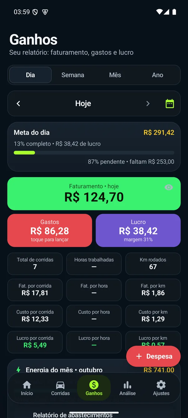 Tela Ganhos: meta do dia, faturamento R$ 124,70, gastos, lucro e a grade com faturamento, custo e lucro por corrida, por hora e por km.