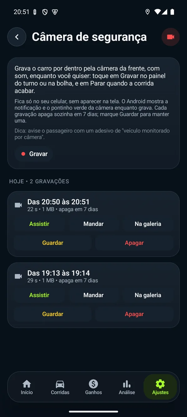 Tela Câmera de segurança com as gravações de hoje: das 20:50 às 20:51 e das 19:13 às 19:14.