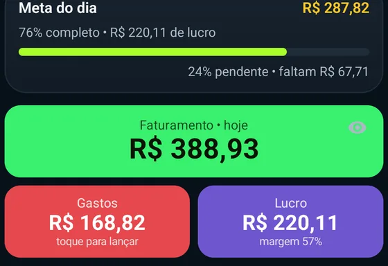 Barra da meta do dia e blocos de faturamento, gastos e lucro