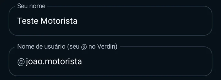 Tela de criar conta com o nome e o nome de usuário @joao.motorista.
