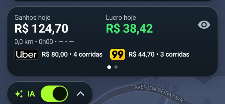 Início com os ganhos de hoje e o card da IA recolhido numa pílula com o liga e desliga.